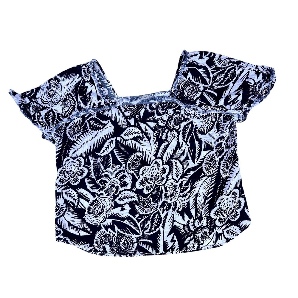 Wonderly‎ Womens Navy Blue White Floral Cotton Gauze Raw Edge Top Large